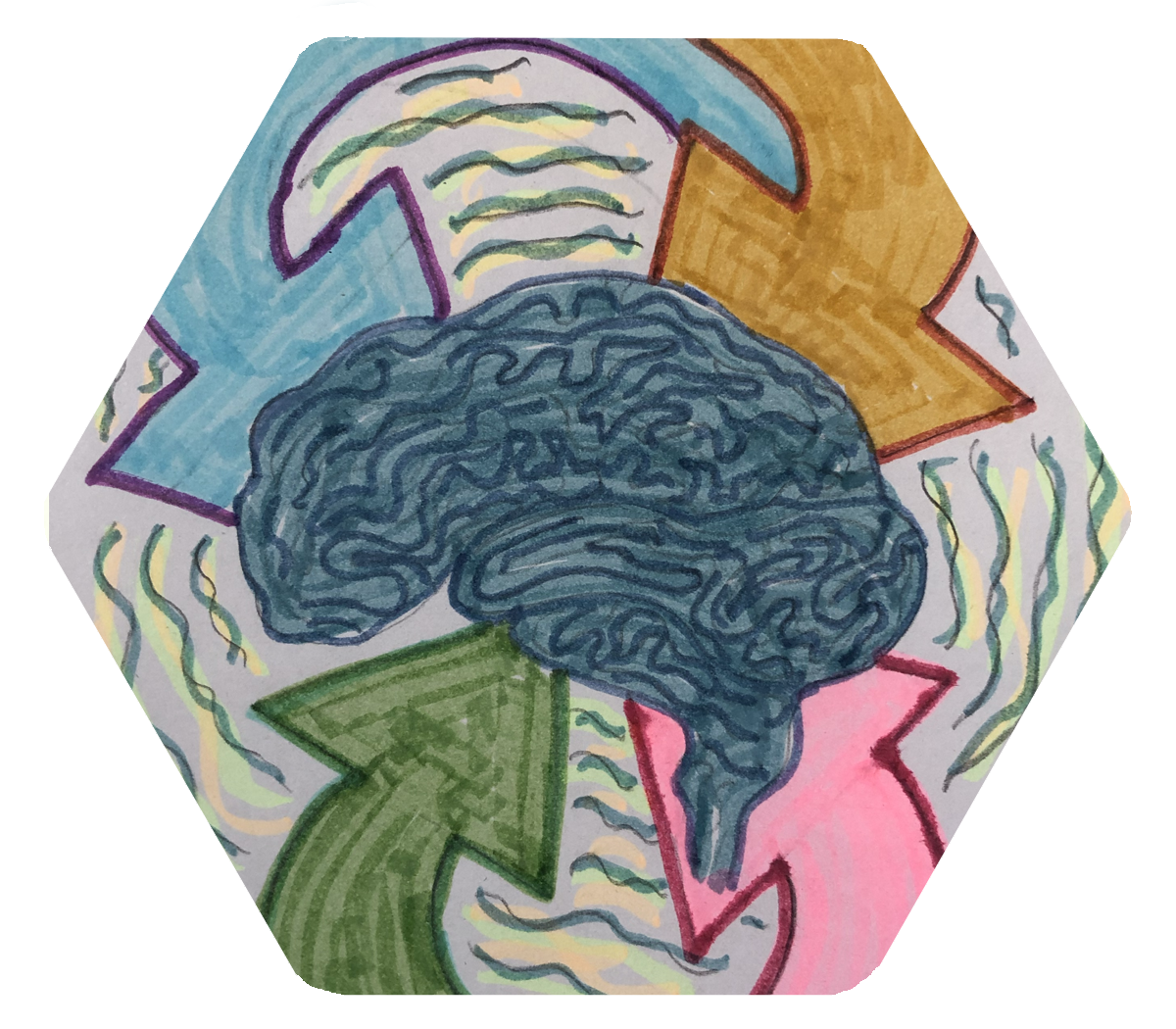 An image of a brain with colorful arrows going in it; decorative