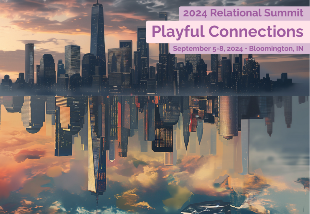 2024 Relational Summit on Playful Connections September 5 through 8 in Bloomington, Indiana with whimsical city skyline in background