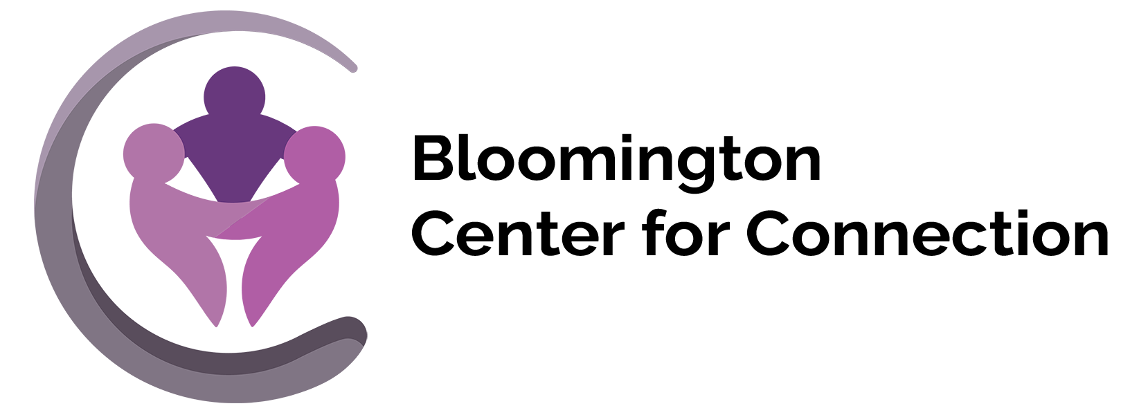 BCC Logo & Name Bloomington Center for Connection logo with three silhouettes in shade of purple joining hands